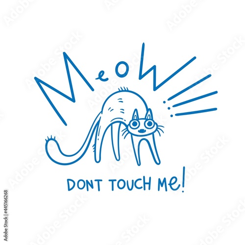 Postcard with cute angry cartoon cat. Funny vector kitten print. Doodle animal poster.