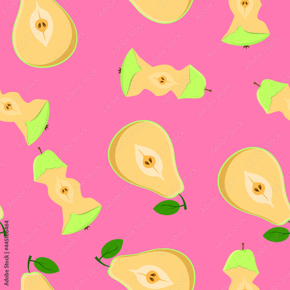 Cute cartoon bitten pears isolated on pink background. Seamless pattern. Cute cartoon bitten pears isolated on pink background. Seamless pattern.
