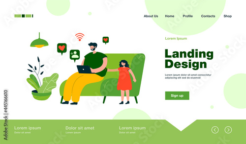 Father surfing internet and ignoring daughter. Man sitting on chair with laptop, sad girl calling dad flat vector illustration. Family, parenting, communication concept for banner, website design