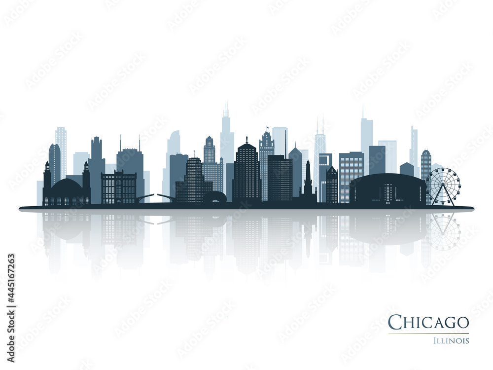 Fototapeta premium Chicago skyline silhouette with reflection. Landscape Chicago, Illinois. Vector illustration.