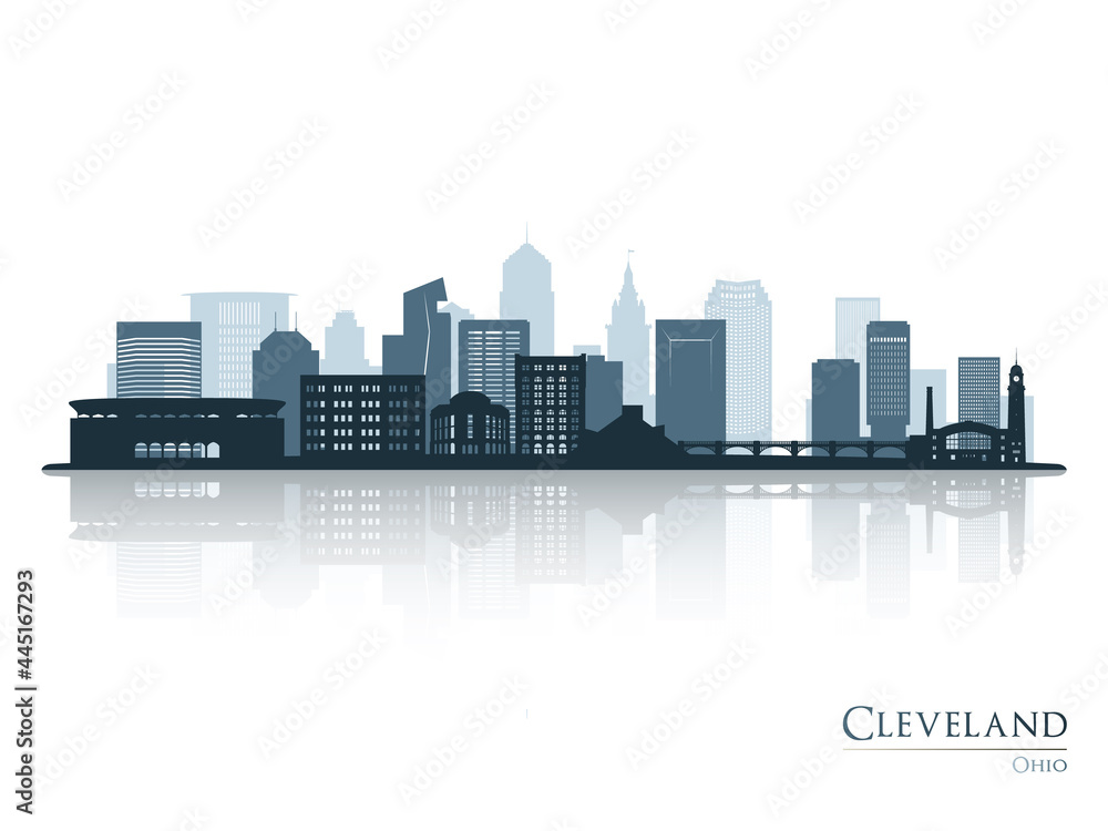 Cleveland skyline silhouette with reflection. Landscape Cleveland, Ohio. Vector illustration.