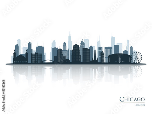 Chicago skyline silhouette with reflection. Landscape Chicago  Illinois. Vector illustration.