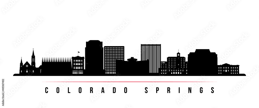 Colorado Springs skyline horizontal banner. Black and white silhouette of Colorado Springs, Colorado. Vector template for your design.