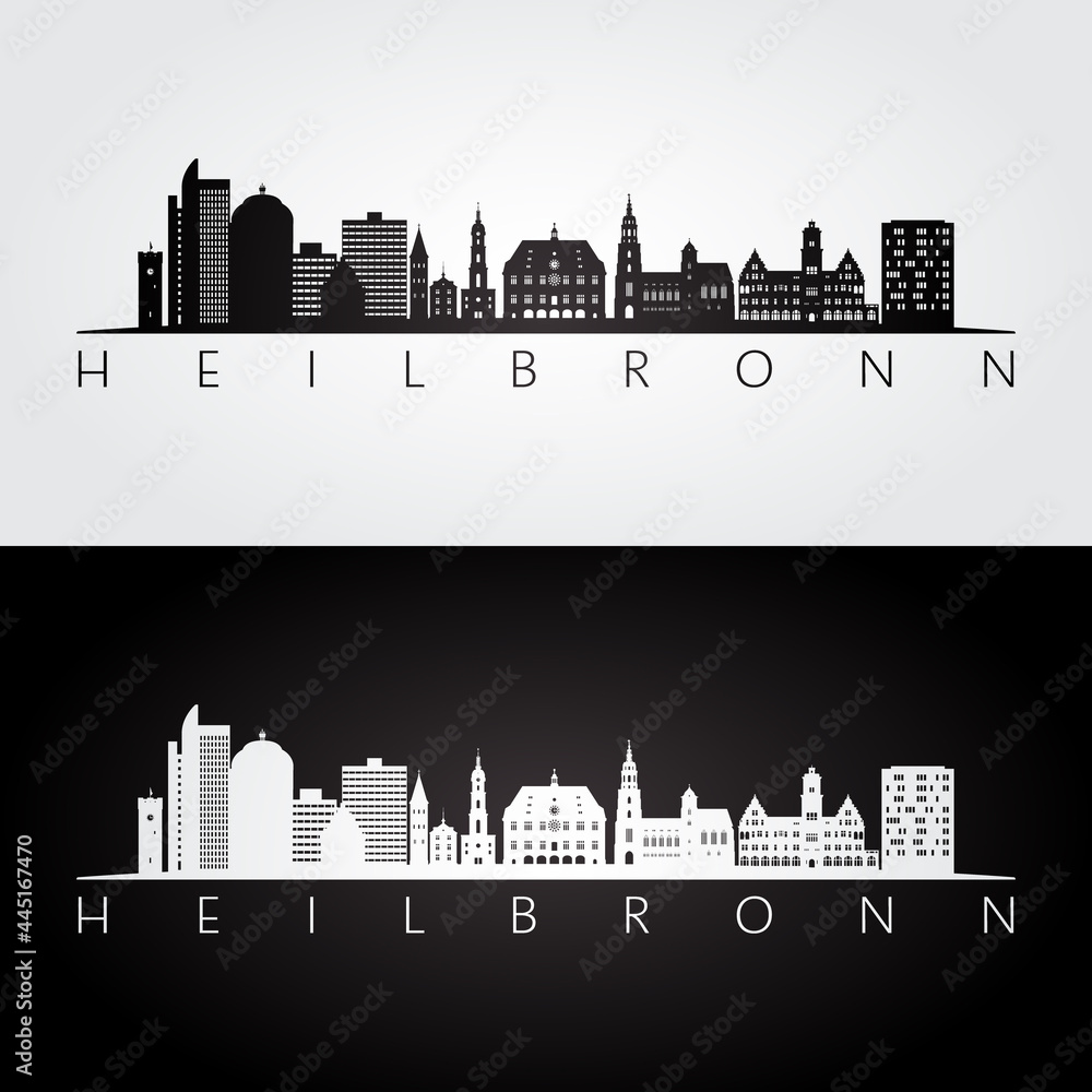 Heilbronn skyline and landmarks silhouette, black and white design, vector illustration.