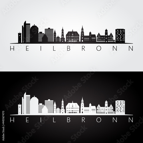 Heilbronn skyline and landmarks silhouette, black and white design, vector illustration.