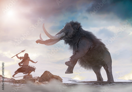 an ancient primitive caveman hunts a mammoth 3d render photo
