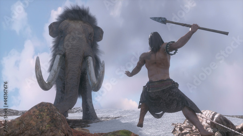 Fotografie, Obraz an ancient primitive caveman hunts a mammoth 3d render