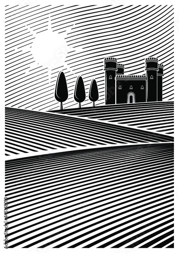 Vector illustration of a a vineyard or cereal plantation. In the background you see a castle or chateau. In black and white colors.