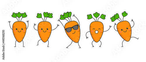 Character cartoon dancing carrots happy emotions set icon logo vector illustration.