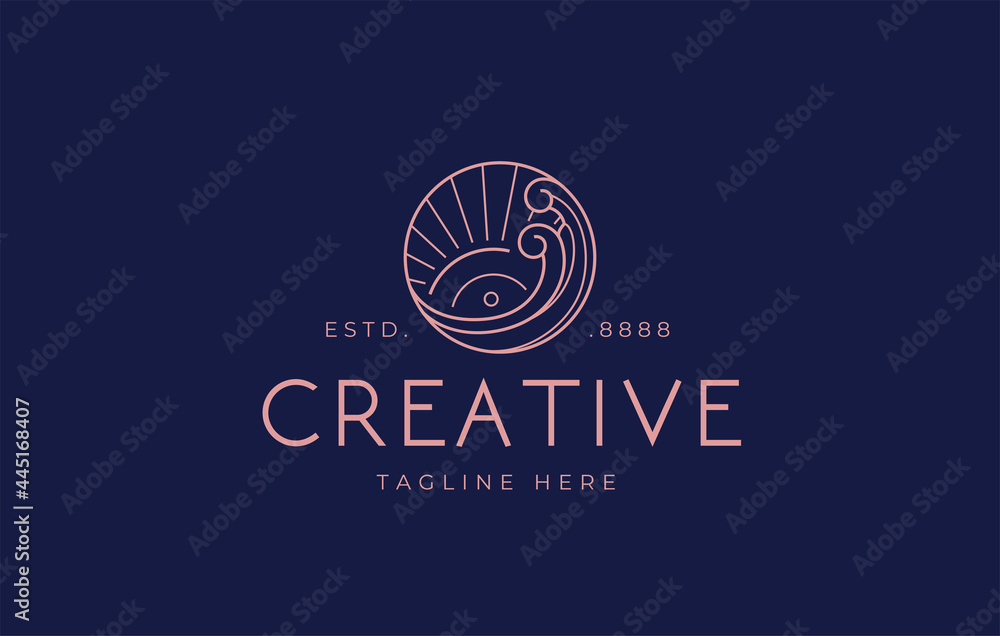 Fototapeta premium Sunset waves Logo Design Template. Sea ocean with summer season Symbol Icon Line Art Vector