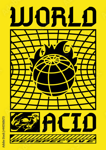 Abstract world poster. Acid Graphic style, Rave, Text design, Isolated on yellow background