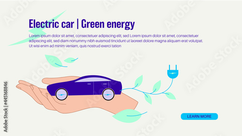 Bannière web. Illustration vectorielle, main avec une voiture électrique. Illustration sur le thème de l'écologie. Protection de l'environnement. Voiture à énergie renouvelable. Véhicule à recharger.