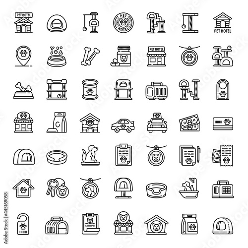 Pets hotel icons set. Outline set of pets hotel vector icons for web design isolated on white background