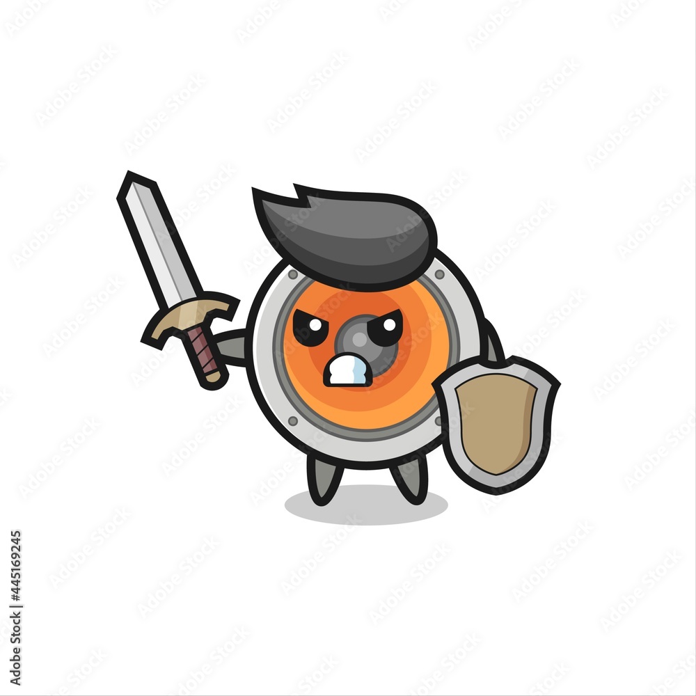 Obraz premium cute loudspeaker soldier fighting with sword and shield