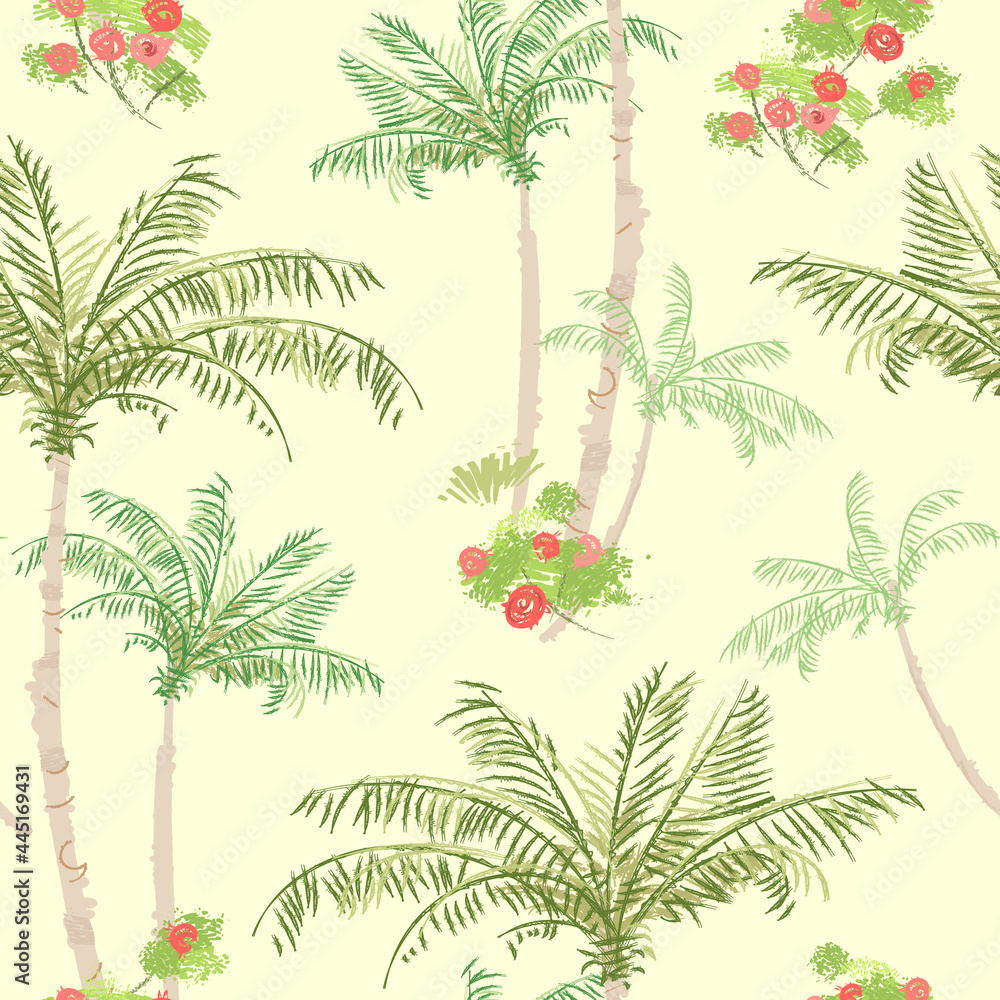 Seamless pattern with hand drawn palm trees and flowers. Vector illustration