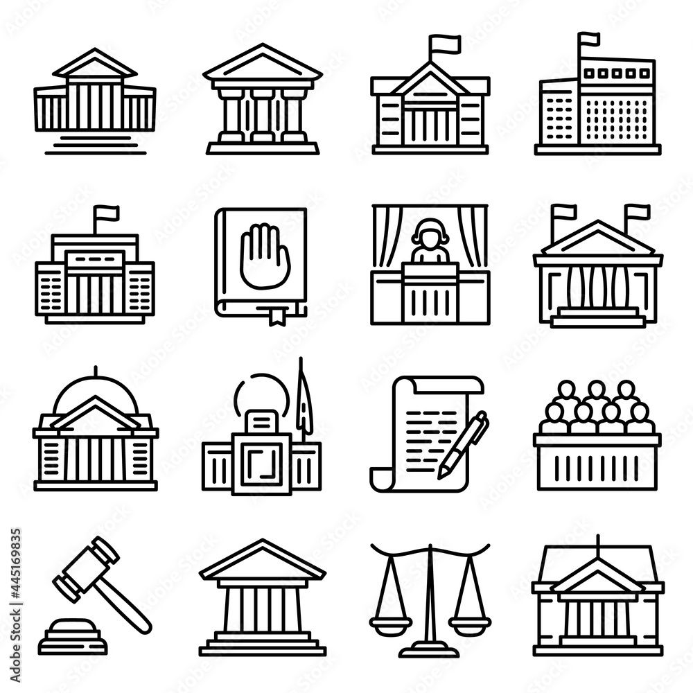 Courthouse icons set. Outline set of courthouse vector icons for web design isolated on white background