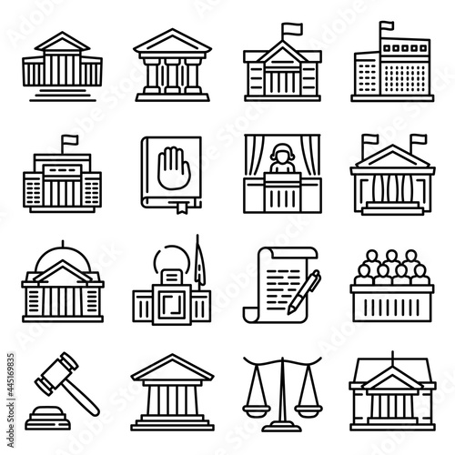 Courthouse icons set. Outline set of courthouse vector icons for web design isolated on white background