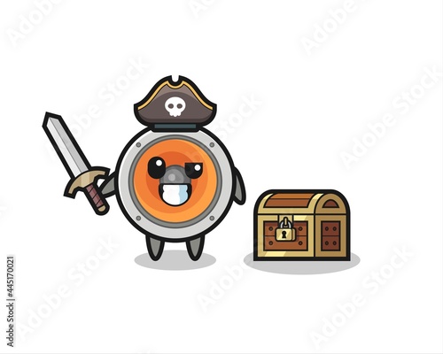 the loudspeaker pirate character holding sword beside a treasure box