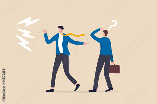 Bad habit blame other, excuse and throw mistake to colleague or team, selfish or offense manager concept, frustrated businessman boss excuse this mistake and pointing to other false.