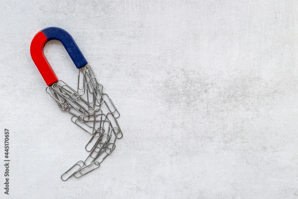 Fototapeta premium Horseshoe magnet collecting paper clips. Office supplies top view