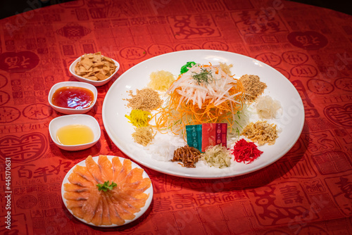 Canvas Print cny colourful smoked salmon yu sheng lo hei and sauces in red chinese new year b