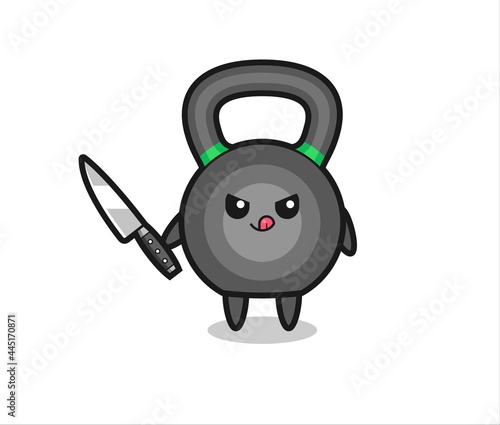 cute kettleball mascot as a psychopath holding a knife