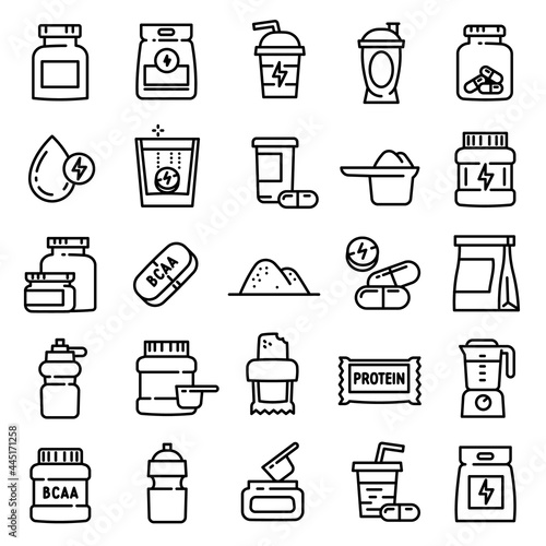 Sport nutrition icons set. Outline set of sport nutrition vector icons for web design isolated on white background
