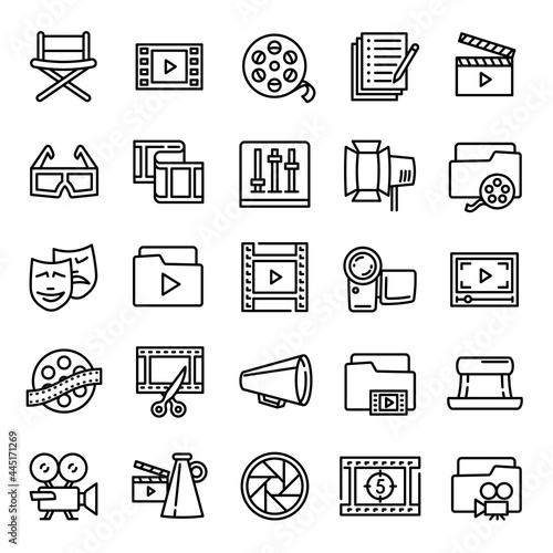 Film production icon. Outline film production vector icon for web design isolated on white background