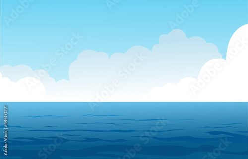 Sea vector illustration with water waves, blue sky and white clouds graphics, cartoon seascape or waterscape,Ocean waves nature.