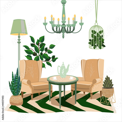 Living room vintage interior. Two comfortable soft armchairs in pastel and green colors. Soft chairs in modern vintage style. Hygge lounge place. Vector interior drawing room © Tsareva.pro