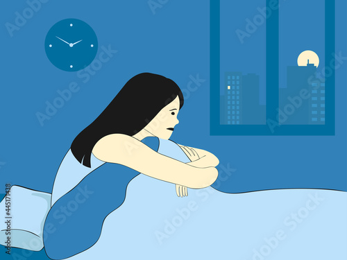 Sad sleepless girl suffers from insomnia sitting in bed. Frustrated woman in bed. Sad girl on bed. vector illustration