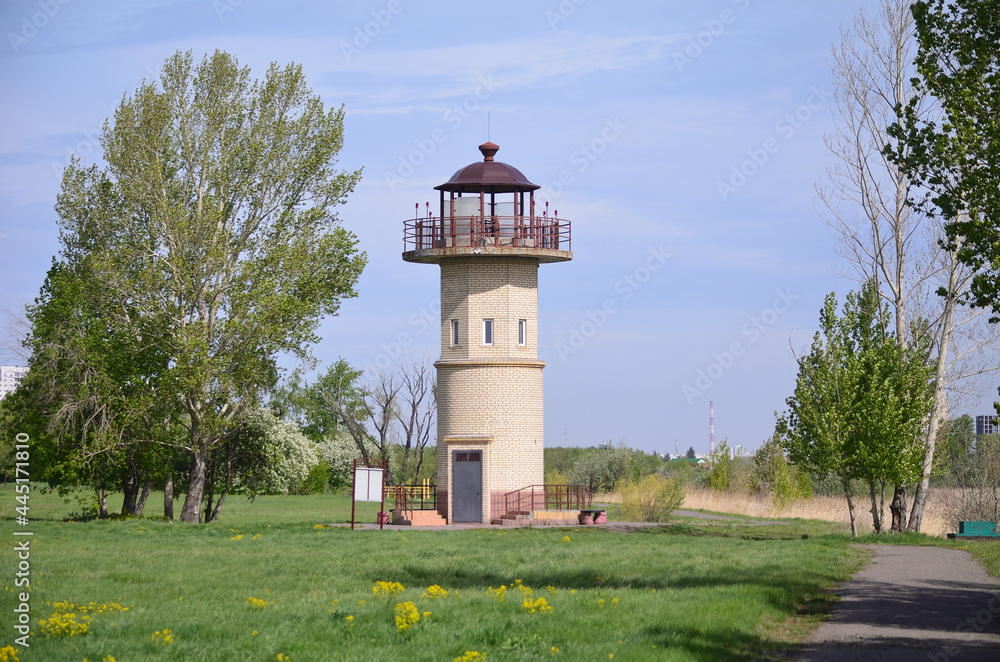 View of the observation tower of the natural park Bird Harbor in the city of Omsk