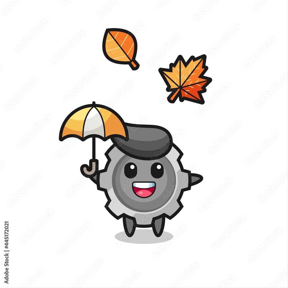 Naklejka premium cartoon of the cute gear holding an umbrella in autumn