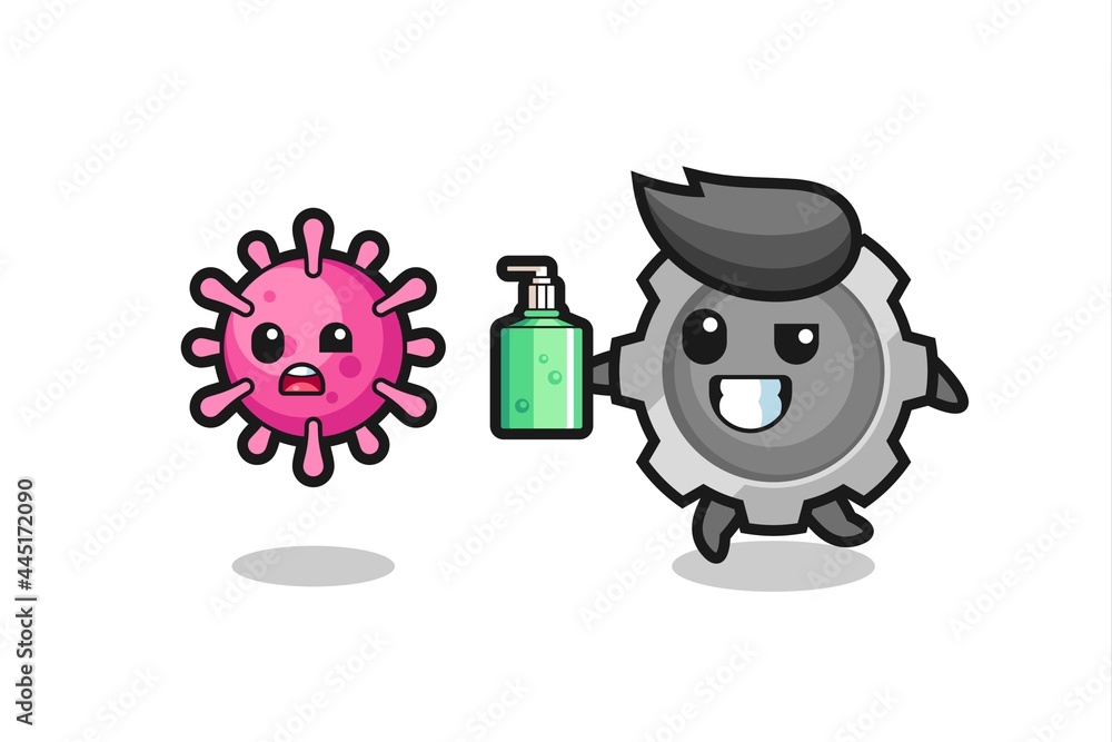 Fototapeta premium illustration of gear character chasing evil virus with hand sanitizer