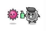illustration of gear character chasing evil virus with hand sanitizer