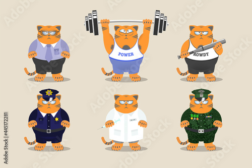 A set of fat red serious disgruntled cats. Puss are an office worker, a weightlifter, a bandit, a policeman, a doctor and a military