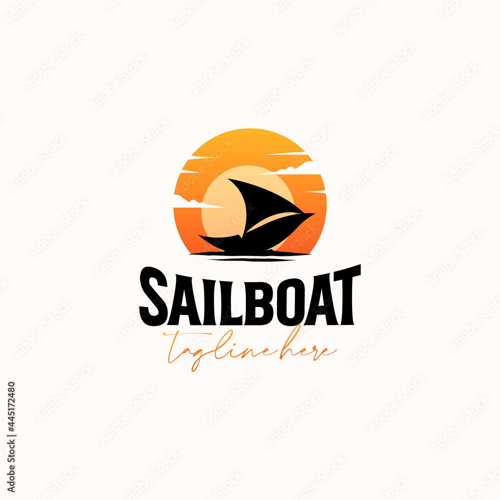Vintage Sailboat Sunset Hipster Logo Template Isolate in White Background