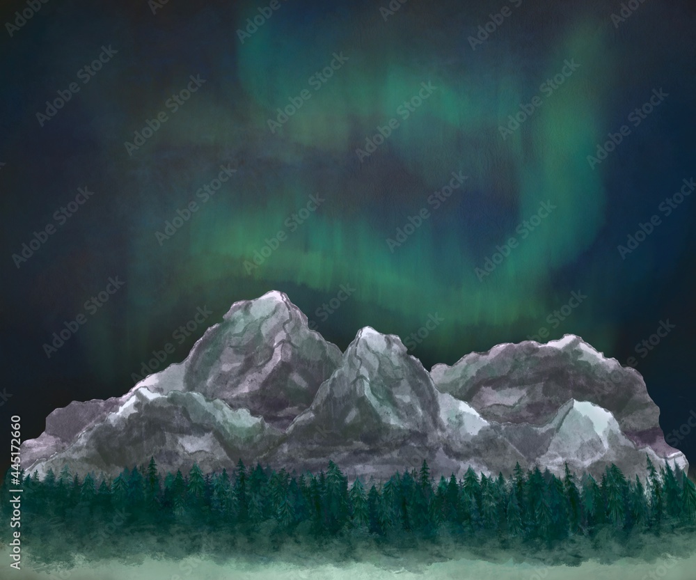 Night Aurora borelias and mountains landscape. Hand drawn watercolor picturesque landscape of Nothern lights, mountains, forest. Camping scenic painting. Wall painting. Mountains illustration. Nature