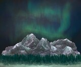 Night Aurora borelias and mountains landscape. Hand drawn watercolor picturesque landscape of Nothern lights, mountains, forest. Camping scenic painting. Wall painting. Mountains illustration. Nature