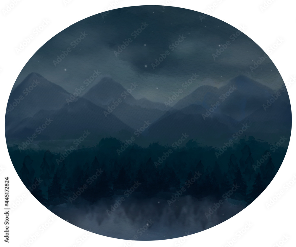 Night starry sky and mountain landscape. Hand drawn watercolor ...