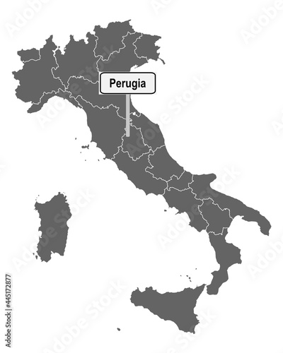 Landkarte von Italien mit Ortsschild von Perugia © lantapix