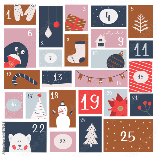 Christmas advent calendar. Print for packaging sweets, children's magazine, stickers, poster. Expectation of Catholic winter holiday. Vector illustration, flat