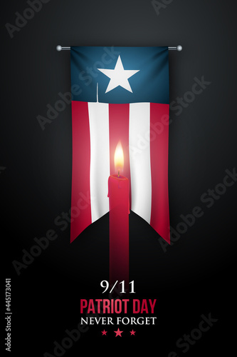 Patriot Day vertical banner, september 11, 2001. Day of Remembrance and Mourning in the United States. Vertical hanging flag in USA colors and burning candle.