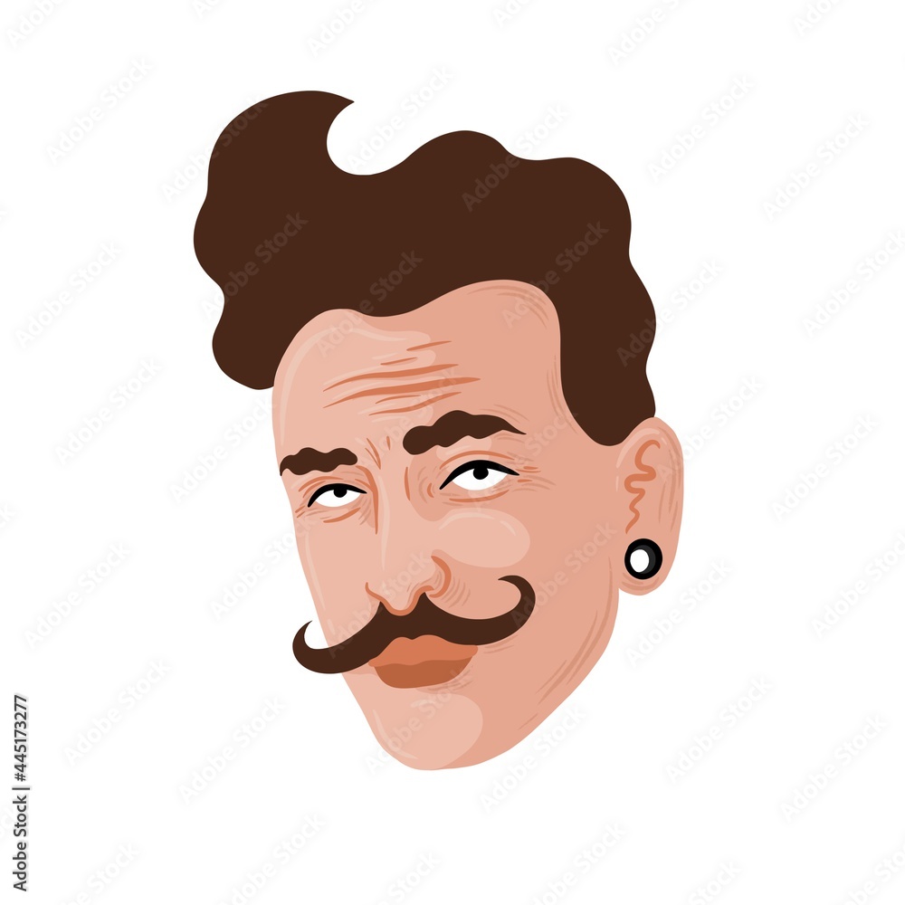 Man with white skin wearing a tunnel and a fancy mustache. He has brown hair. Man with white skin wearing a tunnel and a fancy mustache. He has brown hair.