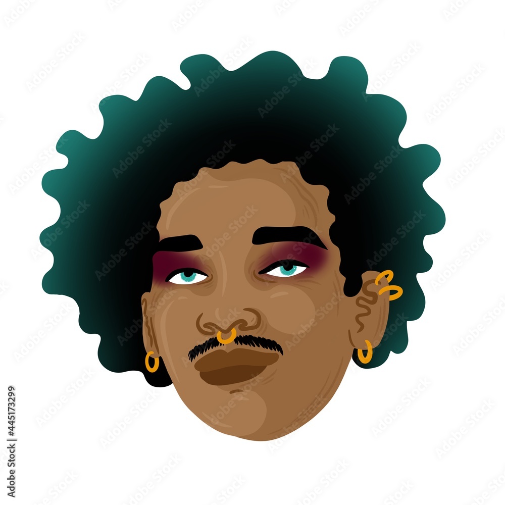Man with brown skin with Bluegreen hair and piercings in his ears and nose. He is wearing purple eye shadow. Man with brown skin with Bluegreen hair and piercings in his ears and nose. He is wearing purple eye shadow.