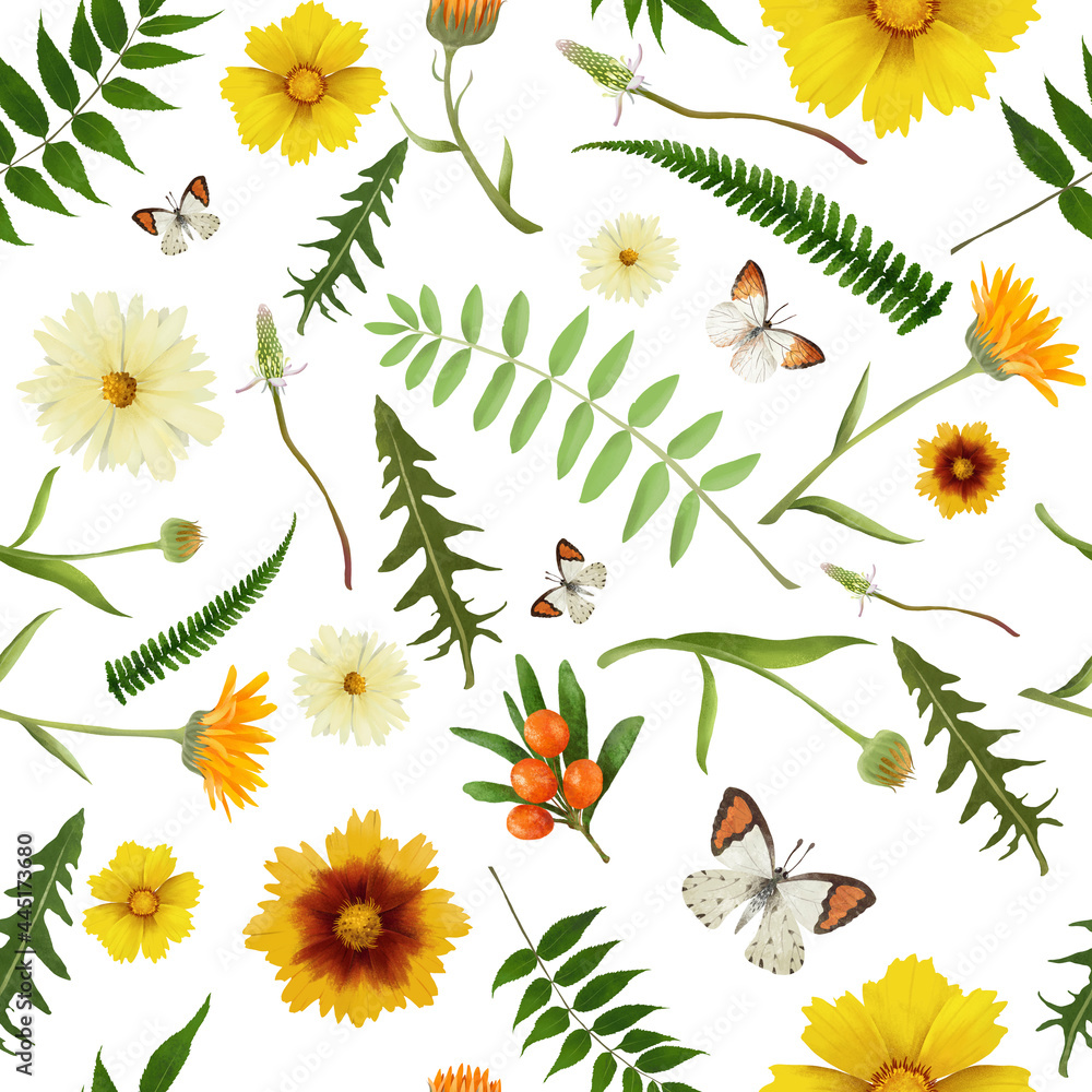 Obraz premium Bright hand painted seamless pattern with wild plants, berries and cute butterflies. Botanical rustic background. Nature illustration for decorations, wrapping paper, textile.