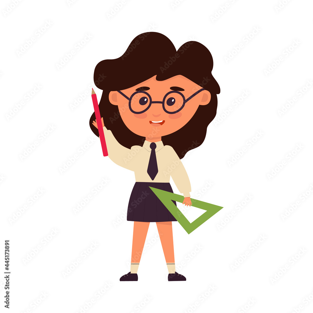 schoolgirl in uniform. Cheerful cartoon character. girl holds pencil and ruler. Back to school. Isolated on white background. Clip-art for design of cards, posters, banners. Vector illustration, flat