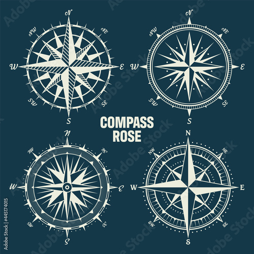 Vintage marine wind rose, nautical chart. Monochrome navigational compass with cardinal directions of North, East, South, West. Geographical position, cartography and navigation. Vector illustration.