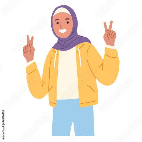 happy positive emotions gestures hijab muslim women girl double thumbs up