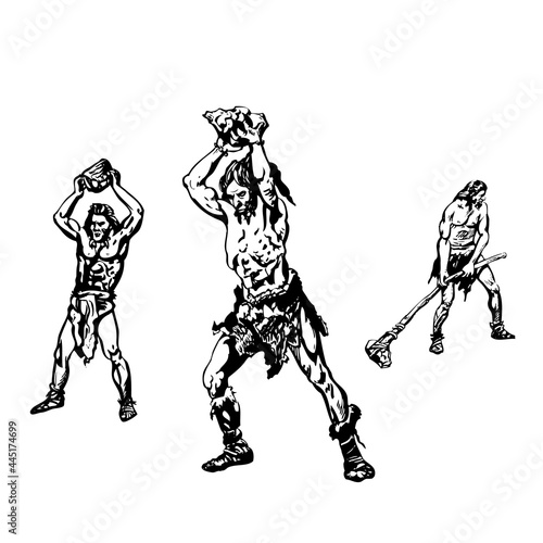 Three savages, Neanderthal men with stone. Graphic hand sketch. Vector